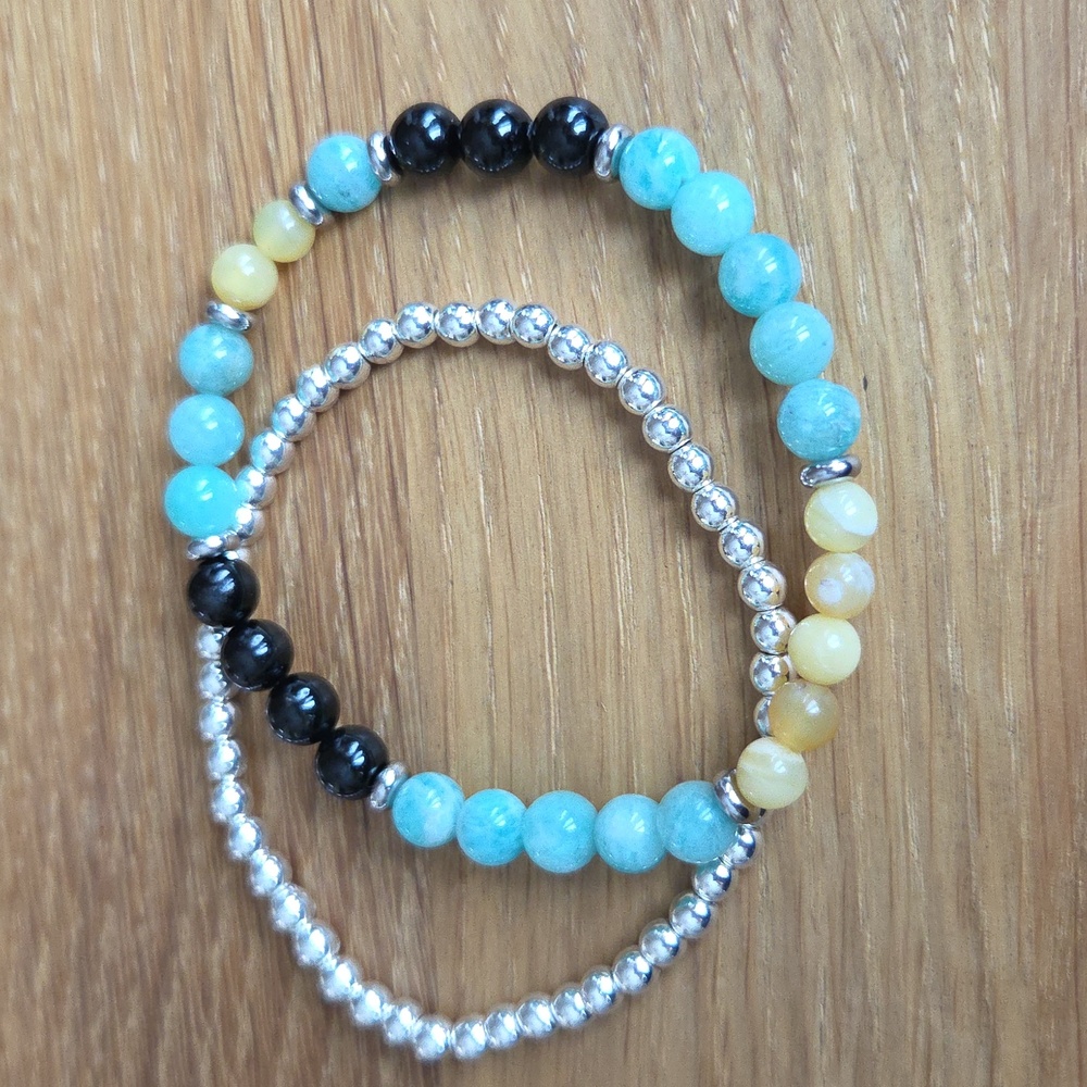 Amazonite, Yellow Opal, Silver Hematite Bead Bracelet Set, Stretch, Hand Crafted - Picture 5 of 11